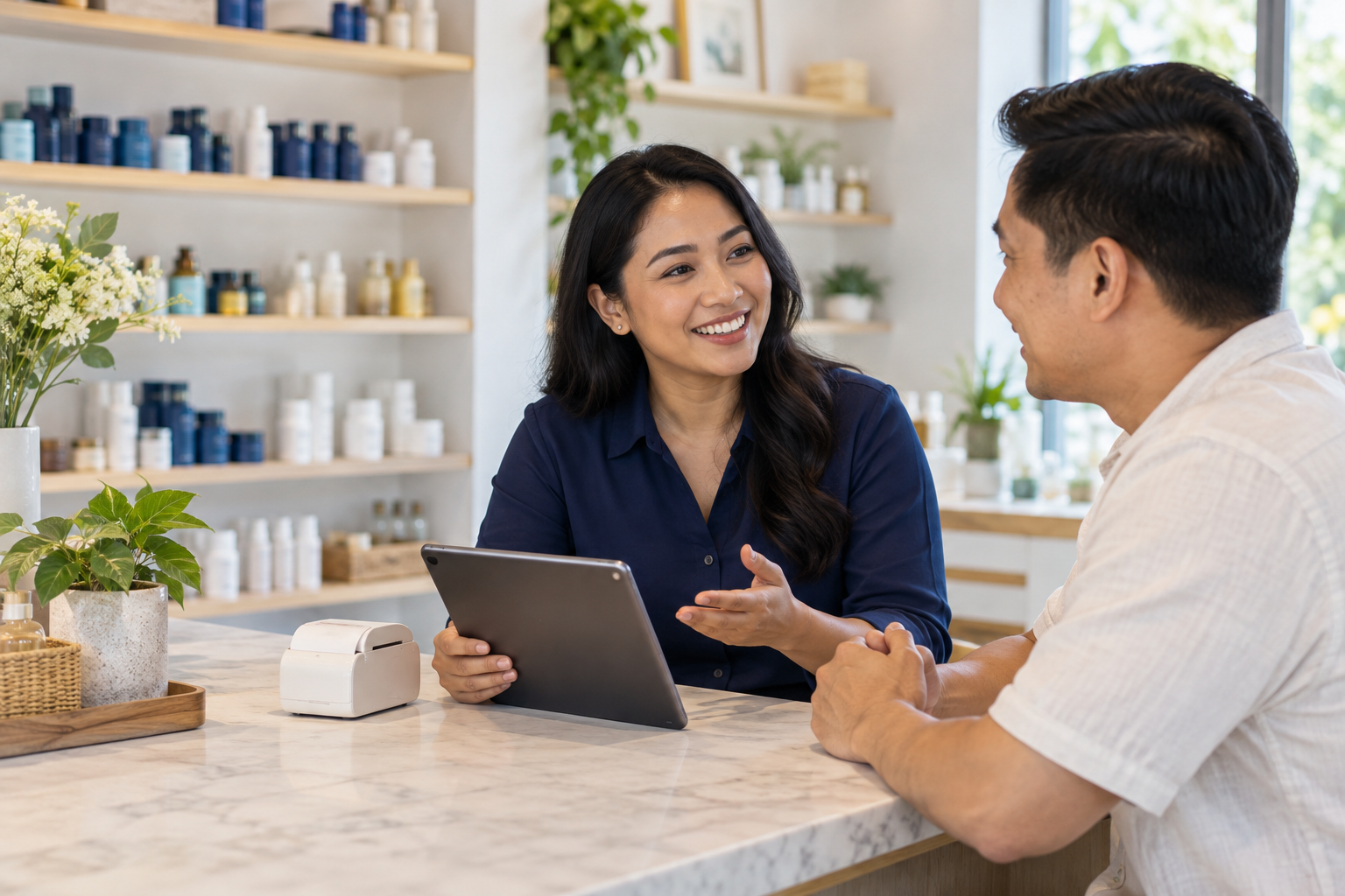 Illustration of a wellness seller discussing a guide with a client at a shop counter.